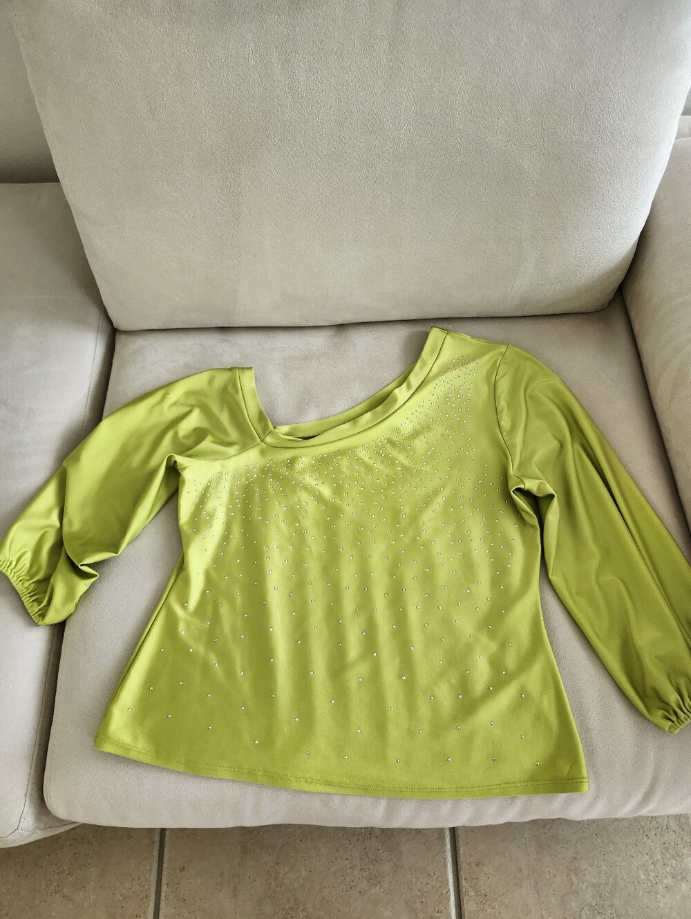 Women’s Lime Green Embellished Long Sleeve Boatneck Top